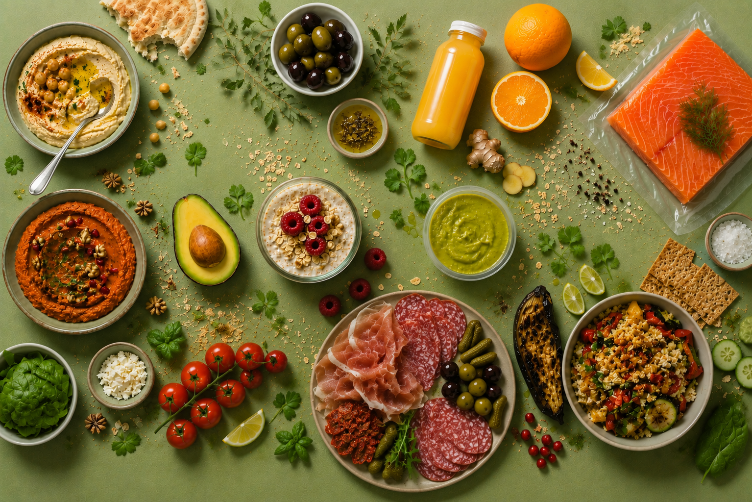 Exempel på livsmedel som kan lämpa sig för HPP, bland annat hummus, juice, lax, chark, guacamole, sallad och frukostprodukter